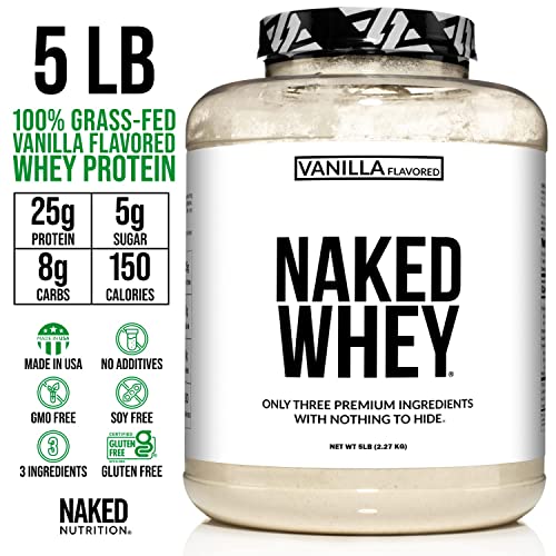 Naked Vanilla Whey Protein Powder - All Natural Grass Fed Whey Protein Powder, Vanilla Flavor, Organic Coconut Sugar, 5Lb Bulk, GMO-Free, Soy Free, Gluten Free - 61 Servings