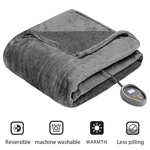 Beautyrest Heated Blanket, Eletric Blanket, Soft, Warm, Reversible Plush - Sherpa Heating Blanket with 20 Heat Settings, 1-10 hrs Timer Auto Shut Off, Machine Washable, King (90 inx100 in), Grey