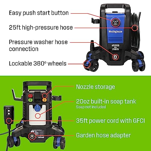 Westinghouse ePX3500 Electric Pressure Washer, 2500 Max PSI 1.76 Max GPM with Anti-Tipping Technology, Onboard Soap Tank, Pro-Style Steel Wand, 5-Nozzle Set, for Cars/Fences/Driveways/Home/Patios