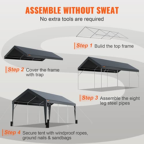 VEVOR Carport Car Canopy 10x20ft, Upgraded Heavy Duty Car Port Garage Boat Shelter Party Tent with 8 Reinforced Poles and 4 Weight Bags, UV Resistant Waterproof Tarp for SUV, Truck, Boat