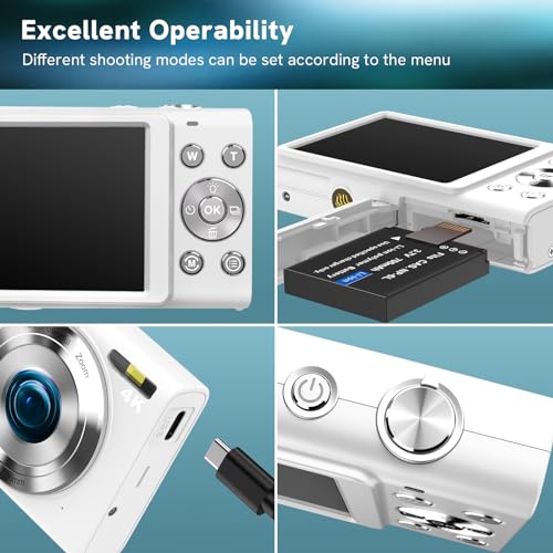 4K Digital Camera Autofocus 48MP Vlogging Camera HD 16X Digital Zoom Camera YouTube Portable Mini Compact Camera Gift for Kids Teens Adult Beginner 32G Memory Card 2 Batteries