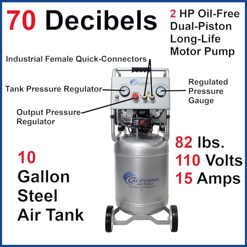 California Air Tools 8010A 1.0 HP Ultra Quiet and Oil-Free Air Compressor, 8 Gallon Aluminum Tank, Lightweight with Wheels, 60 dBA Noise Level