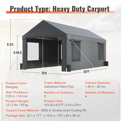 VEVOR Carport 10x20ft, Car Canopy Portable Garage, Heavy Duty Car Port with Roll-up Ventilated Windows & Removable Sidewalls, UV Resistant Waterproof All-Season Tarp for SUV, F150, Car, Truck, Boat