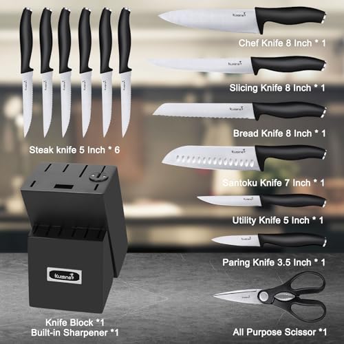 Kuisine Chef Knife Set,High Carbon Stainless Steel Razor-Sharp Blade Ergonomic Handle,Kitchen Knife Block Set with Built-in Sharpener,Elegant Gift for Holiday(Black,15PCS)