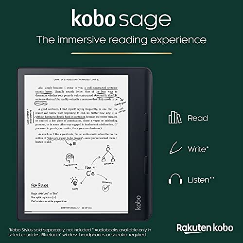 Kobo Sage | eReader | 8” HD Glare Free Touchscreen | Waterproof | Adjustable Brightness and Color Temperature | Blue Light Reduction | Bluetooth | WiFi | 32GB of Storage | Carta E Ink Technology