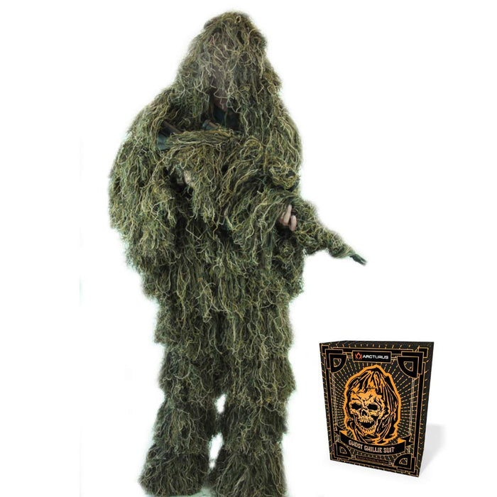 Arcturus Ghost Ghillie Suit: Woodland Camo | Double-Stitched Design with Adjustable Hood and Waist | Camo Hunting Clothes for Men, Military, Sniper, Airsoft and Hunting (Woodland, Regular)