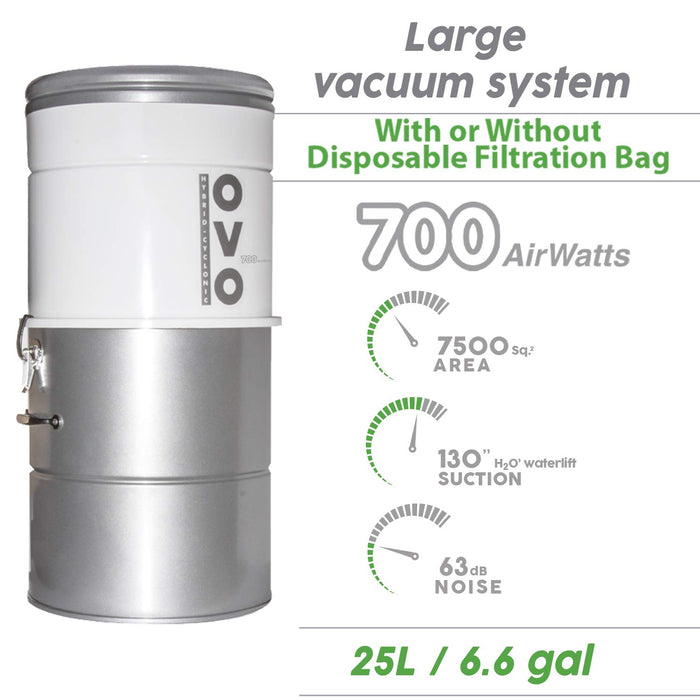 OVO Large and Powerful Central Vacuum System, Hybrid Filtration (with or without Disposable Bags) 25L or 6.6 Gal, 700 Air watts with 30 ft Carpet Deluxe Accessory Kit Included, white and Silver