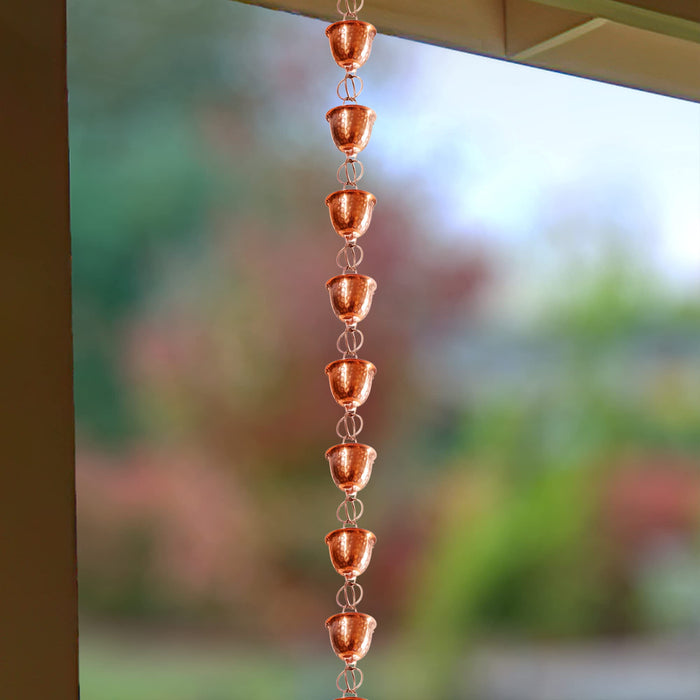 Monarch Rain Chains 26558 Pure Copper Hammered Cup Rain Chain Replacement Downspout for Gutters, 8-1/2 Feet Length