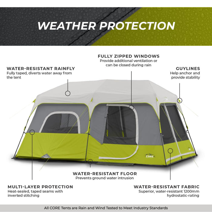 CORE Instant Cabin Tent | Multi Room Tent for Family with Storage Pockets for Camping Accessories | Portable Large Pop Up Tent for 2 Minute Camp Setup | Sleeps 9 People, 14' x 9'