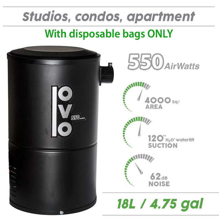 OVO Compact and Powerful Central Vacuum System, 550AW, Use with Disposable Bags 18L or 4.75Gal and 30 ft Garage Accessory Kit Included, Condo-Vac, Black