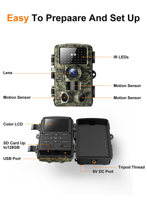 Trail Camera - 4K 48MP Game Camera with Night Vision, 0.05s Trigger Motion Activated Hunting Camera, IP66 Waterproof, 130 Wide-Angle with 46pcs No Glow Infrared Leds for Outdoor Wildlife