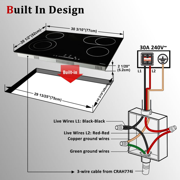 ECOTOUCH 30 Inch Electric Cooktop 4 Burners,Fast Heat,Built-in,Quick Boil,Dual Ring,Hot Surface Indicator,30" Ceramic Glass Radiant Electric Stove Top,220-240v,Hard Wire