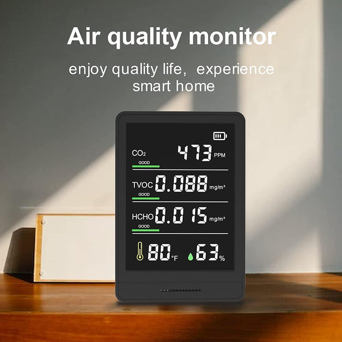 Indoor Air Quality Monitor, Professional & Accurate CO2, TVOC, HCHO, Humidity& Temperature Particle Counter, for Home, Office, School, Hotel, Car Black