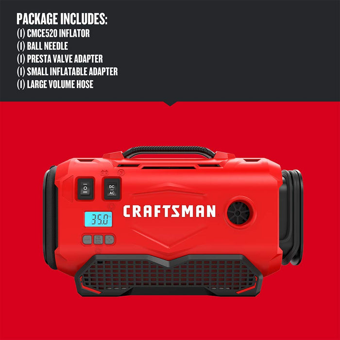 CRAFTSMAN V20 Tire Inflator, Portable Air Compressor, 3 Modes: Cordless, 120V Corded, and 12V Car Adapter, Air Pump, Battery Sold Separately (CMCE520B)