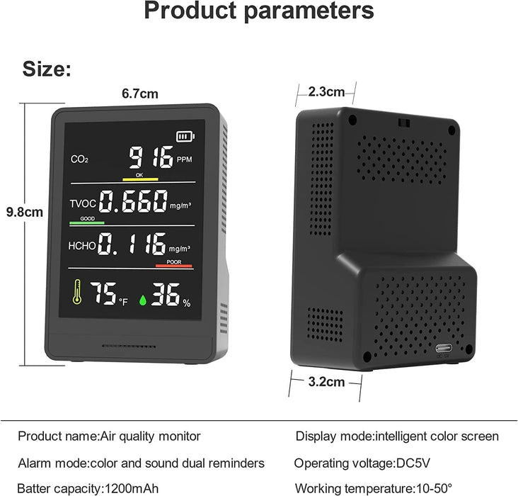 Indoor Air Quality Monitor, Professional & Accurate CO2, TVOC, HCHO, Humidity& Temperature Particle Counter, for Home, Office, School, Hotel, Car Black