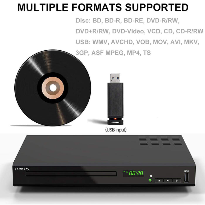 HD Blu-Ray Disc Player for TV with HDMI and AV Cables, 1080P, Built-in PAL NTSC, Coaxial Output, USB Input