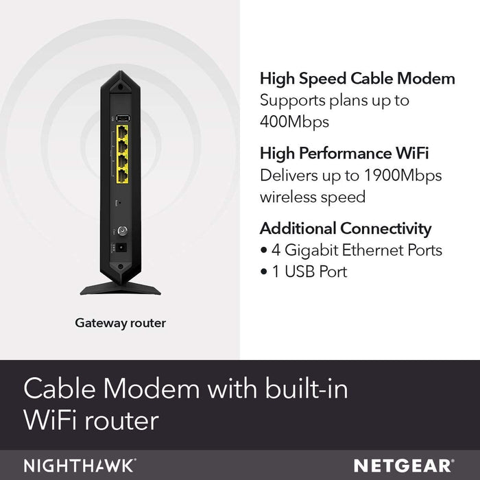 NETGEAR Nighthawk AC1900 (24x8) DOCSIS 3.0 WiFi Cable Modem Router Combo (C7000) for Xfinity from Comcast, Spectrum, Cox, more (Renewed)