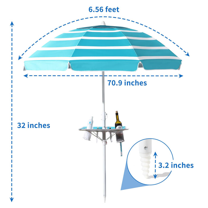 Beach Umbrella - Beach Umbrella for Sand Wind Portable with Tilt Pole, 6.56 FT Arc Length 5.9 FT Diameter, Heavy Duty Wind Resistant Striped Large Umbrellas, UV 50+ Parasol with Anchor Screw Adjustable Height and Foldable Table Board