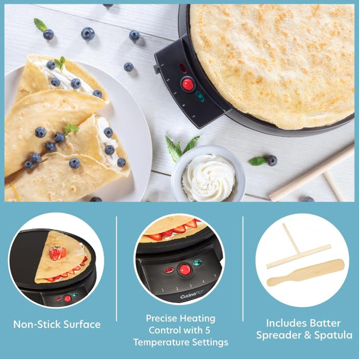 12" Griddle & Crepe Maker, Non-Stick Electric Crepe Pan w Batter Spreader & Recipe Guide- Dual Use for Blintzes Eggs Pancakes, Portable, Adjustable Temperature Settings - Holiday Breakfast or Dessert