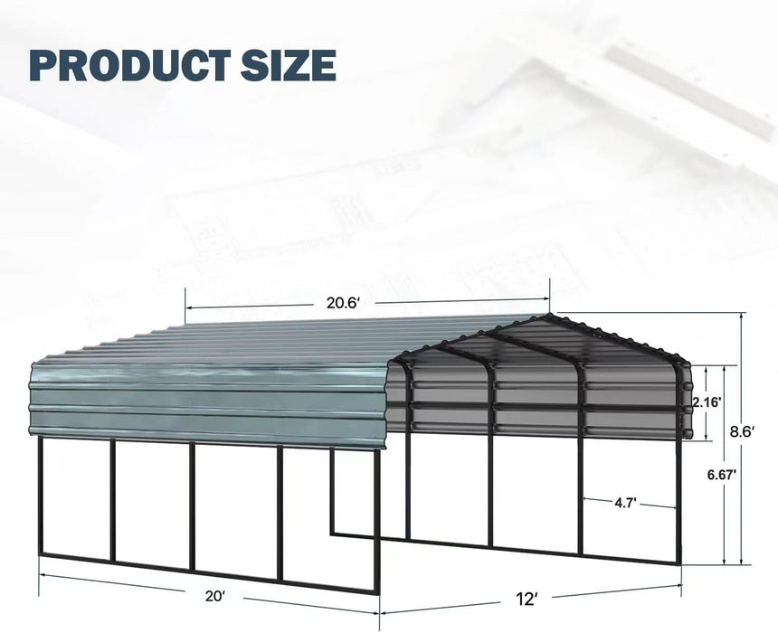 EROMMY 12x20 FT Metal Carport, 12' x 20' x 8.6' Heavy Duty Carport Canopy with Galvanized Metal Roof and Frame for Pickup, Boat, Car and Tractors