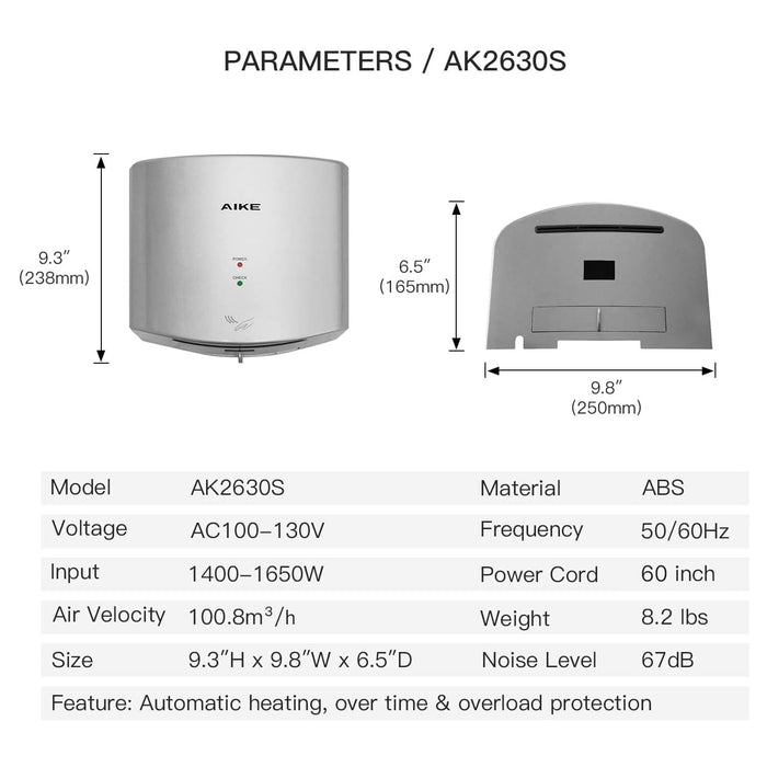 AIKE Air Wiper Compact Hand Dryer 110V 1400W Silver (with 2 Pin Plug) Model AK2630