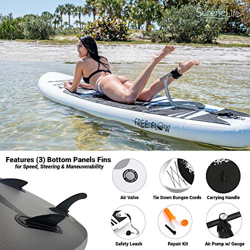 SereneLife Stand up Paddle Board Inflatable - Non-Slip SUP Paddle Board Paddle, Pump, Leash, and Accessories - Fun Water inflatable paddle board for Adults and Youth with Wide Stable Design