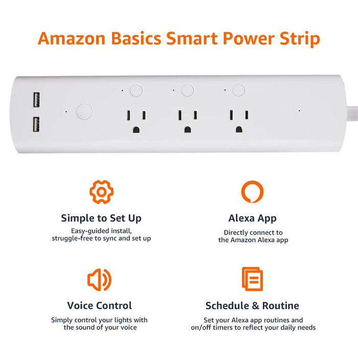 Amazon Basics Rectangular Smart Plug Power Strip, Surge Protector with 3 Individually Controlled Smart Outlets and 2 USB Ports, 2.4 GHz Wi-Fi, Works with Alexa, White, 11.02 x 2.56 x 1.38 in