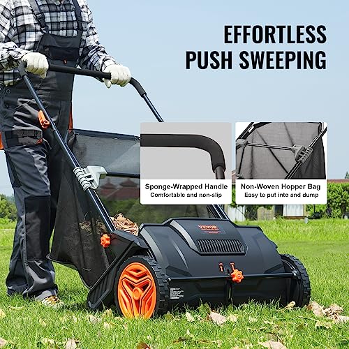 VEVOR Push Lawn Sweeper, 21-inch Leaf & Grass Collector, Strong Rubber Wheels & Heavy Duty Thickened Steel Durable to Use with Large Capacity 3.5 cu. ft. Mesh Collection Hopper Bag, 2 Spinning Brushes