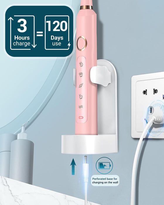 Rtauys M5 Sonic Electric Toothbrush for Adults - Rechargeable Electric Toothbrush with 8 Brush Heads & Travel Case, Power Electric Toothbrush with Holder, 3 Hours Charge for 120 Days - Pink