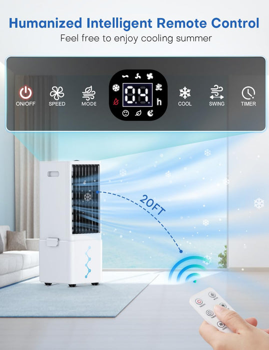 COOLECH Portable Air Conditioners w/Remote, 4 Modes & 3 Speeds, Waterless Alert System & 2.4-Gal Tank for 20H Cooling, 12H Timer for Auto Off, 3-IN-1 Evaporative Air Cooler for Room Bedroom Office