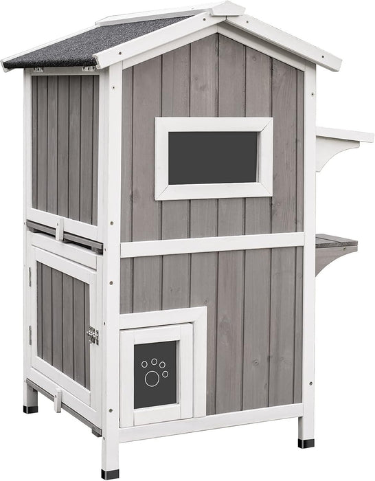 PetsCosset Outdoor Cat House Shelter Weatherproof, Two Story Wooden Outside Cat House Feral Cat House with Openable Roof, Escape Door