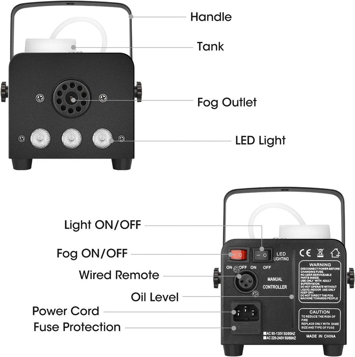 Fog Machine with Lights - 3 Stage LED Lights with 12 Colors & Strobe Effect for Party Wedding Holiday Christmas - Fansteck 500W Upgraded Remote Portable Smoke Machine