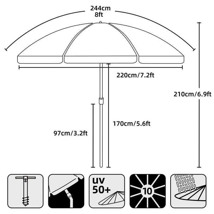 AMMSUN 8 Feet Large Beach Umbrella with Sand Anchor Heavy Duty High Wind Portable Outdoor Umbrellas UV 50+ Protection Air Vent Tilt Patio Garden Pool Blue