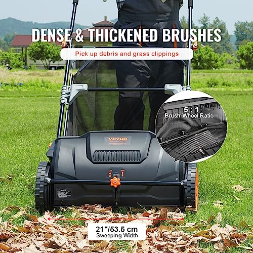 VEVOR Push Lawn Sweeper, 21-inch Leaf & Grass Collector, Strong Rubber Wheels & Heavy Duty Thickened Steel Durable to Use with Large Capacity 3.5 cu. ft. Mesh Collection Hopper Bag, 2 Spinning Brushes