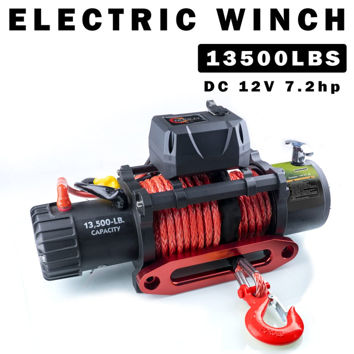 RUGCEL 13500lb Waterproof Electric Red Synthetic Rope Winch with Hawse Fairlead, Wired Handle (13500LB RED)