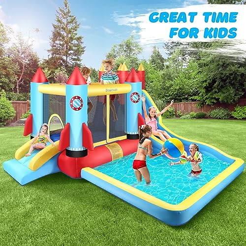 AKEYDIY Bounce House Water Slide, Rocket Castle Bouncy House- 13X12ft Inflatable Bounce House for Kids 3-12 with Slide Park,Pool,Climbing Wall,Bouncer Area- Kids Water Bounce House Indoor/Backyard