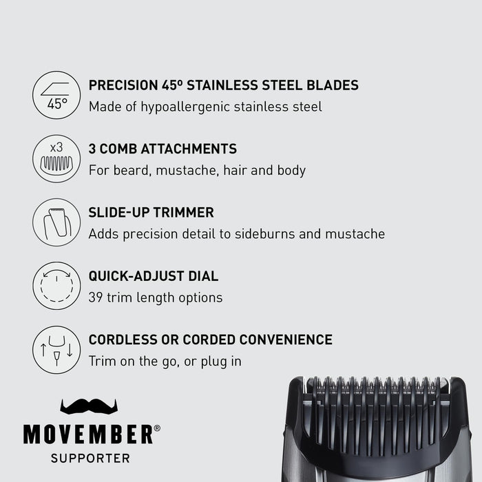 Panasonic Multi-Groomer Men’s Trimmer for Beard, Hair and Body, 39 Trim Length Settings with 3 Attachments, Corded/Cordless Operation – ER-GB80-S (Silver)