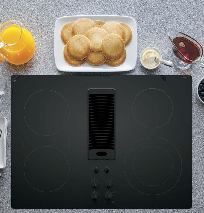 GE PP9830DJBB Profile Series Electric Cooktop with 4 Burners and 3-Speed Downdraft Exhaust System, 30", Black