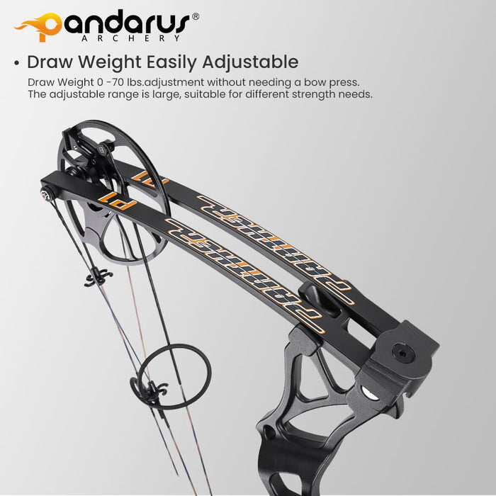 PANDARUS Compound Bow Package for Adults and Teens, 0-70 Lbs Draw Weight Limbs Made in USA,Lightweight Design，with Archery Hunting Equipment, Limited Life-time Warranty(Black Right Handed Pro)