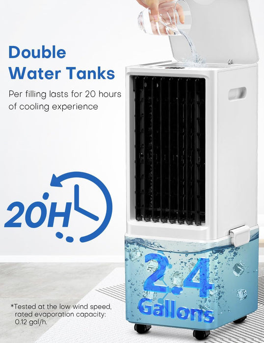 COOLECH Portable Air Conditioners w/Remote, 4 Modes & 3 Speeds, Waterless Alert System & 2.4-Gal Tank for 20H Cooling, 12H Timer for Auto Off, 3-IN-1 Evaporative Air Cooler for Room Bedroom Office