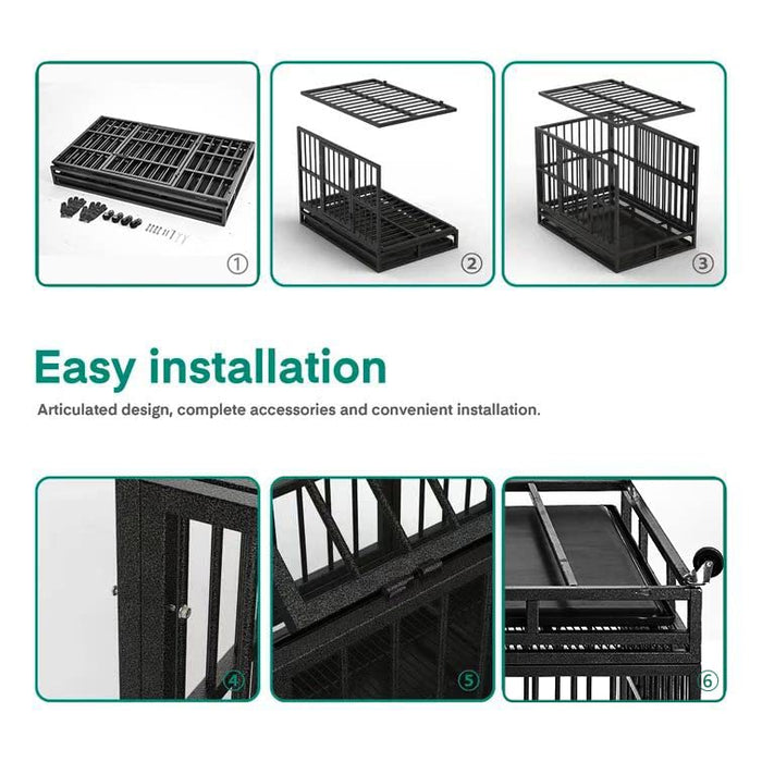 WOKEEN 48/38 Inch Heavy Duty Dog Crate Cage Kennel with Wheels, High Anxiety Indestructible, Sturdy Locks Design, Double Door and Removable Tray, Extra Large XL XXL