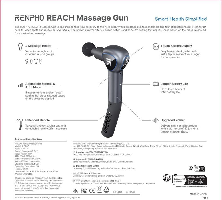 RENPHO Massage Gun with Extension Handle Percussion, Portable Mini Handheld Deep Tissue Muscle Massager with LED Screen for Men Women Back Pain Relief, FSA HSA Eligible, Reach Amber Gray