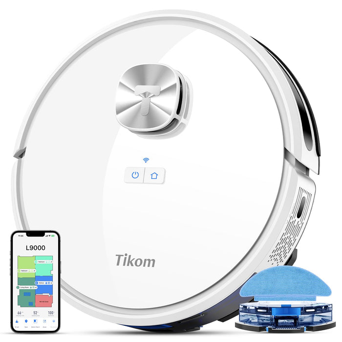 Tikom Robot Vacuum and Mop Combo, LiDAR Navigation, L9000 Robotic Vacuum Cleaner, 4000Pa Suction, 150Mins Max, Smart Mapping, 14 No-go Zones, Good for Pet Hair, Carpet, Hard Floor, White