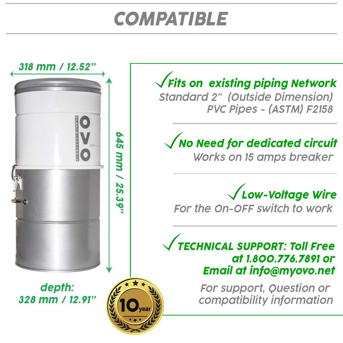 OVO, Large and Powerful Central Vacuum System, 700 AW Hybrid Filtration (with or without Disposable Bags), Covers up to 7500 sq.ft, 6,6 Gal / 25L Bottom Load Rolled Steel Canister.