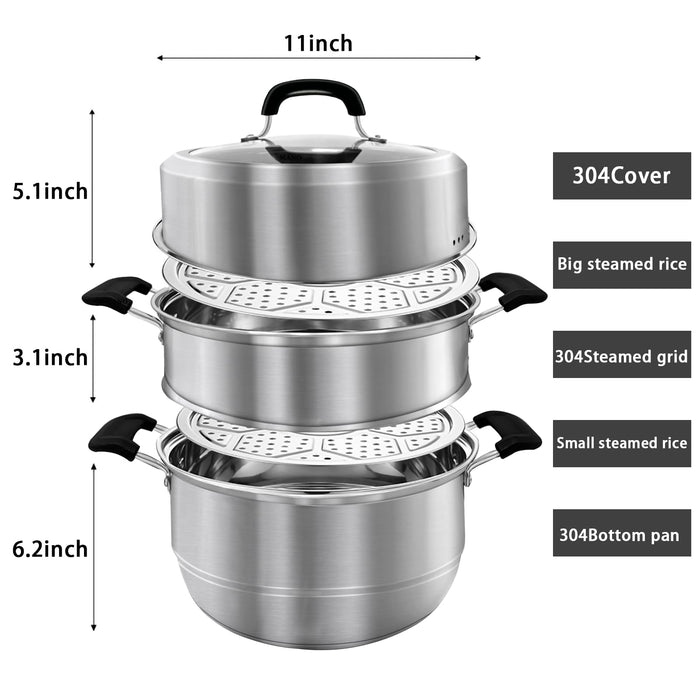 MANO Steamer Pot for Cooking 11 inch Steam Pots with Lid 2-tier Multipurpose Stainless Steel Steaming Pot Cookware with Handle for Vegetable, Dumpling, Stock, Sauce, Food