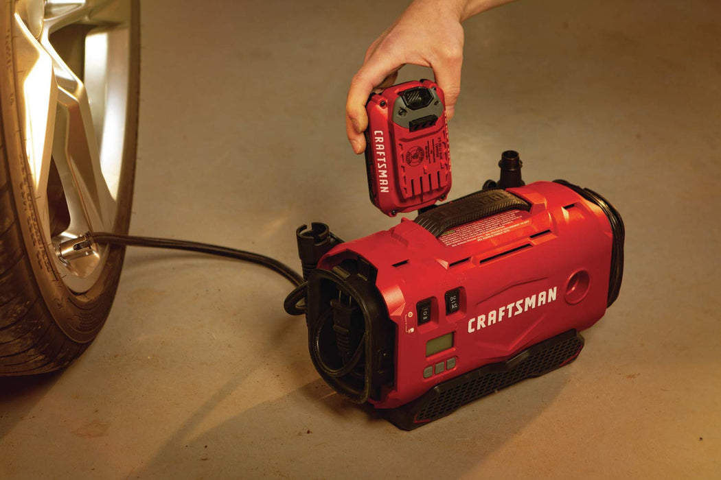 CRAFTSMAN V20 Tire Inflator, Portable Air Compressor, 3 Modes: Cordless, 120V Corded, and 12V Car Adapter, Air Pump, Battery Sold Separately (CMCE520B)