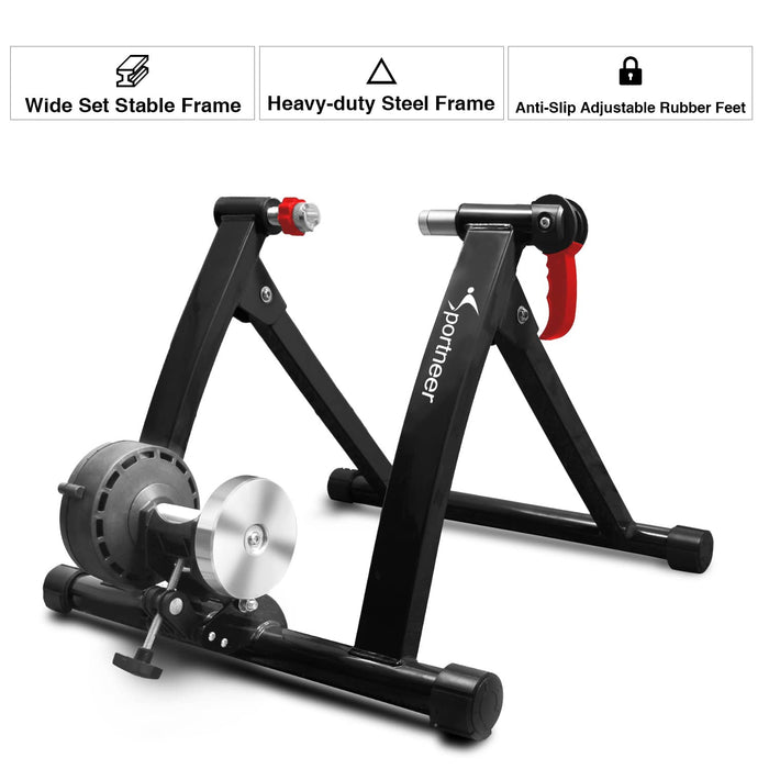 Sportneer Bike Trainer - Magnetic Stationary Bike Stand for 26-28" & 700C Wheels - Adjustable 6 Level Resistance Bike Trainer Stand for Indoor Riding with Quick Release Lever & Front Wheel Riser Block