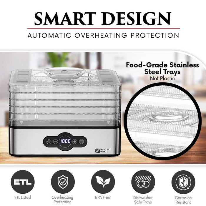 Magic Mill Food Dehydrator Machine | 5 Stackable Stainless Steel Trays Jerky Dryer with Digital Adjustable Timer & Temperature Control - Electric Food Preserver for Fruits, Veggies, Meats & Dog Treats