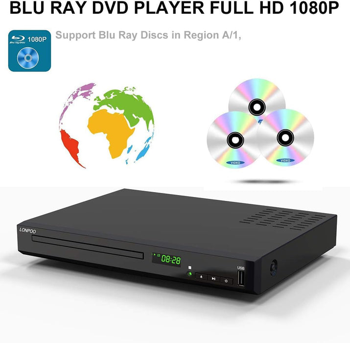 HD Blu-Ray Disc Player for TV with HDMI and AV Cables, 1080P, Built-in PAL NTSC, Coaxial Output, USB Input