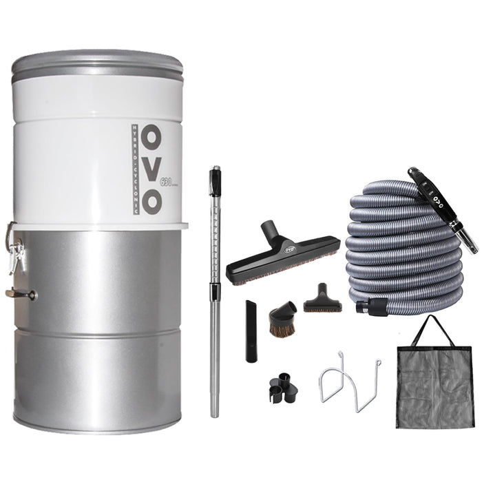 OVO Large and Powerful Central Vacuum System, Hybrid Filtration (with or Without Disposable Bags), 25L or 6.6 Gal, 630 Air watts + 30 ft Deluxe Accessory Kit Included